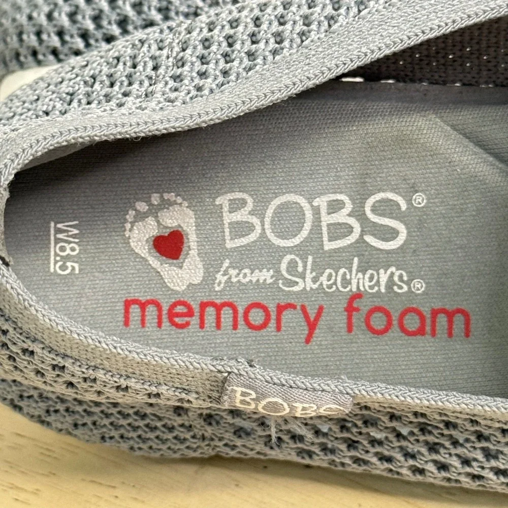 Skechers BOBS Women 8.5 Grey Knit Memory Foam Slip On Flats 33406 Peace and Love